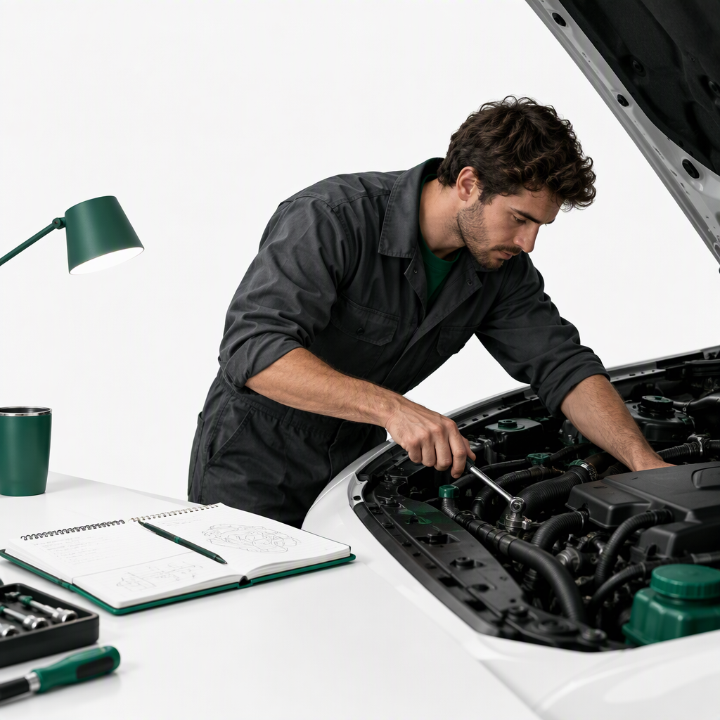 A man working late night in his cars engines, with a notebook open on the desk in his side