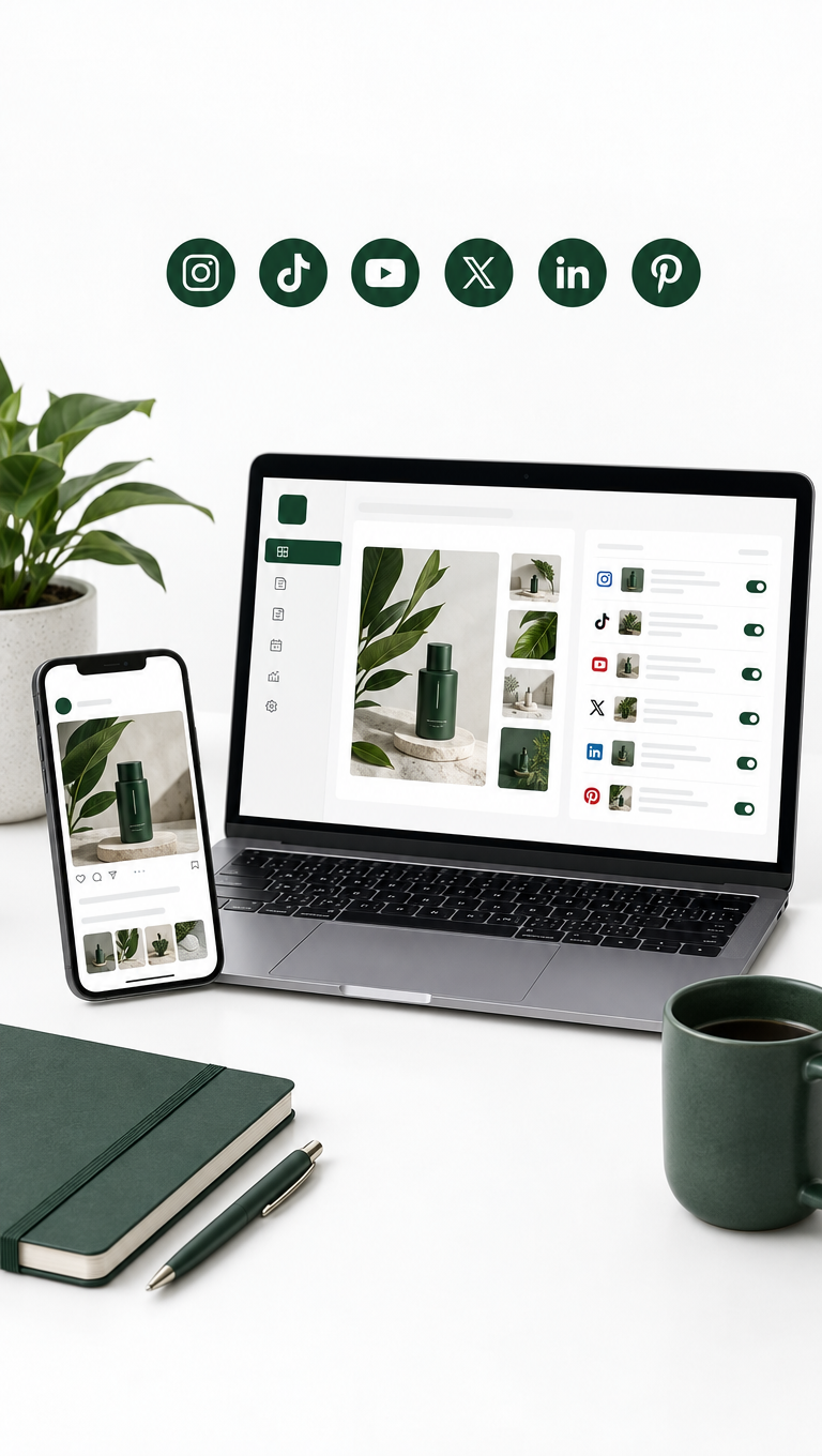 Square Instagram post photograph for a brand: Brand-aware AI studio for posts, media, and scheduling across six social networks.. The post is about Brand-aware AI studio: Establish LookMyBio as the authority on AI content that starts from a real brand, not a blank pro. Style: Clean white background, charcoal and deep forest-green accents, geometric sans-serif, crisp product UI, generous negative space, soft even light, modern editorial, no logos or text.. Photography: Crisp product and. No text, no lettering, no logos, no watermarks.