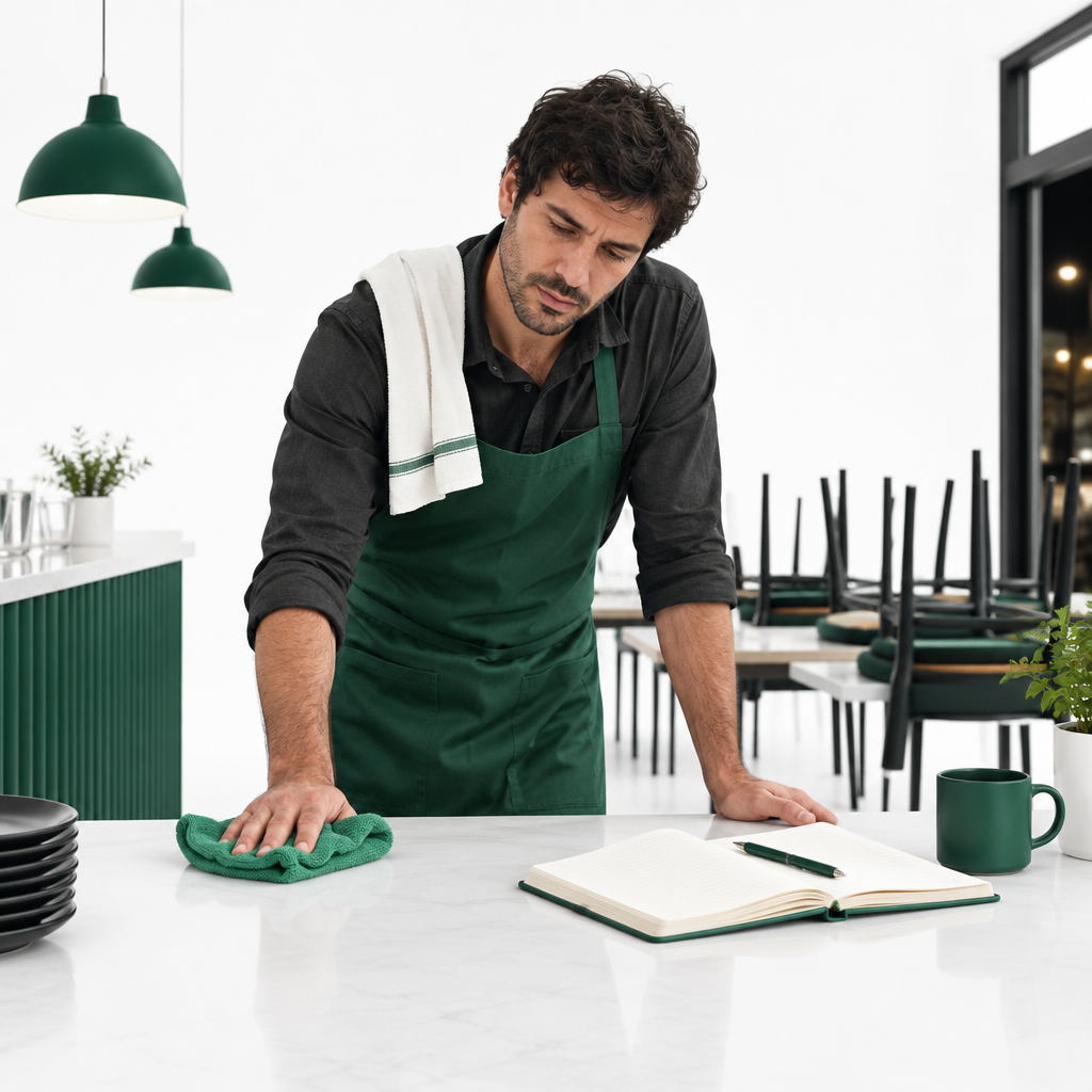 The owner of a restaurant, tired working late at night cleaning his restaurant with a notebook open at the desk