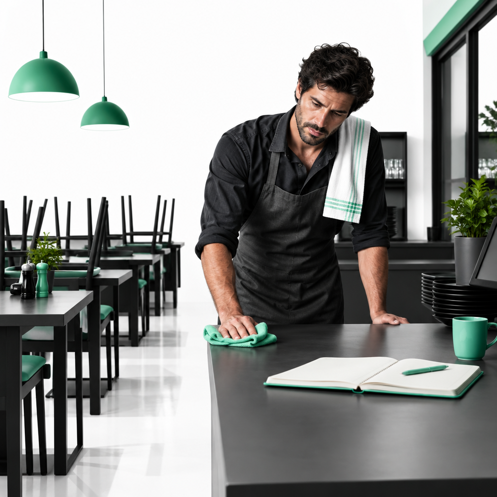 The owner of a restaurant, tired working late at night cleaning his restaurant with a notebook open at the desk