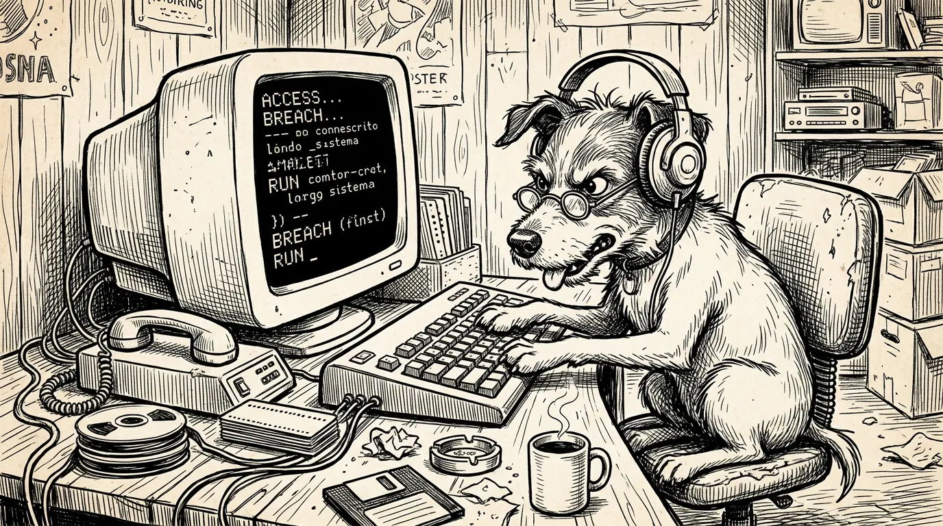 Desenho no estilo dos anos 70, feito utilizando uma caneta preta, de um cachorro usando um computador como se fosse um hacker