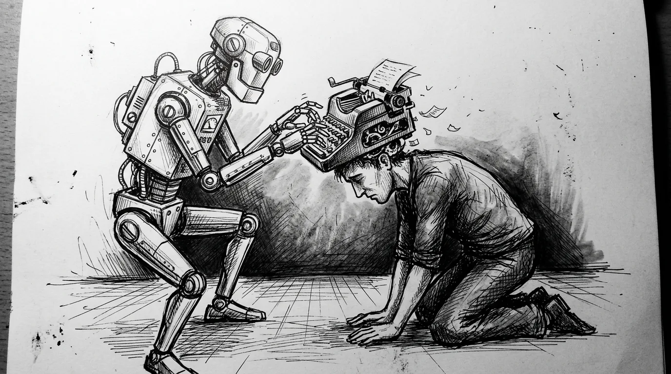A robot typing in a typewriter machine that is in place of the brain of a human in knees in front of the robot.

This is a hand drawn draw with pen in paper, full black and white.