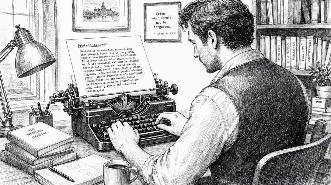 A professional writer using a mechanical typewriter with a text on top of it that is readable. Dimmer is a whole black-and-white pen draw. Protein content