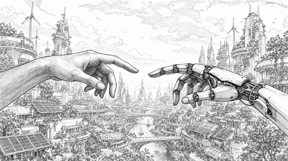 An image of a 2 hands with fingers about to touch, one is a human hand, the other is a robot hand, but they never touch. The background is a futuristic solarpunk city fading in the horizon. The image is a hand drawn, using a black pen. Full black and white.