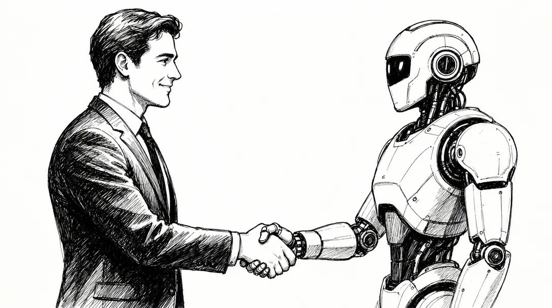 Hand drawn sales man and machine hand shaking. The drawn is made with black pen with hard black shadows.