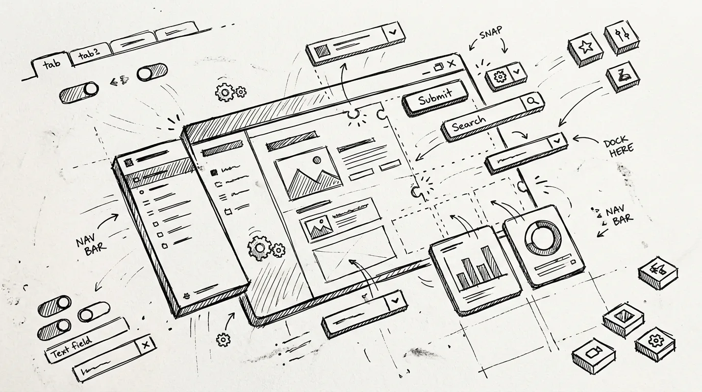 Building blocks of interface for an desktop app slowly attaching to each other. It’s a hand drawn by black pen in black and white.