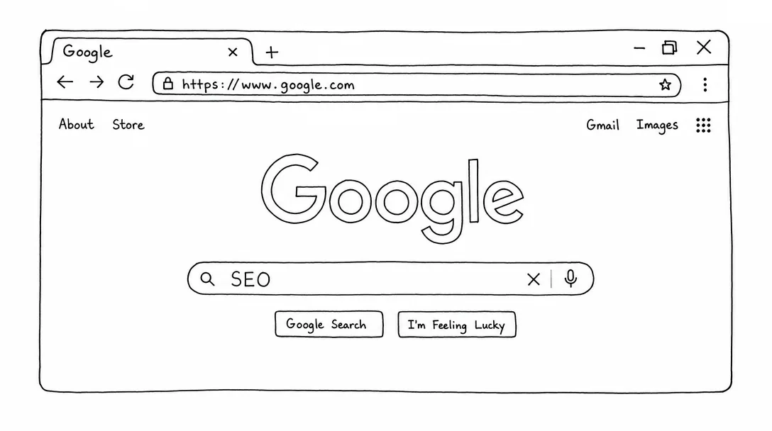A web browser with Google search open with input field filled with the word “SEO”. This is a hand drawn drawing made with black pen on paper. Image is full black and white with full white background.