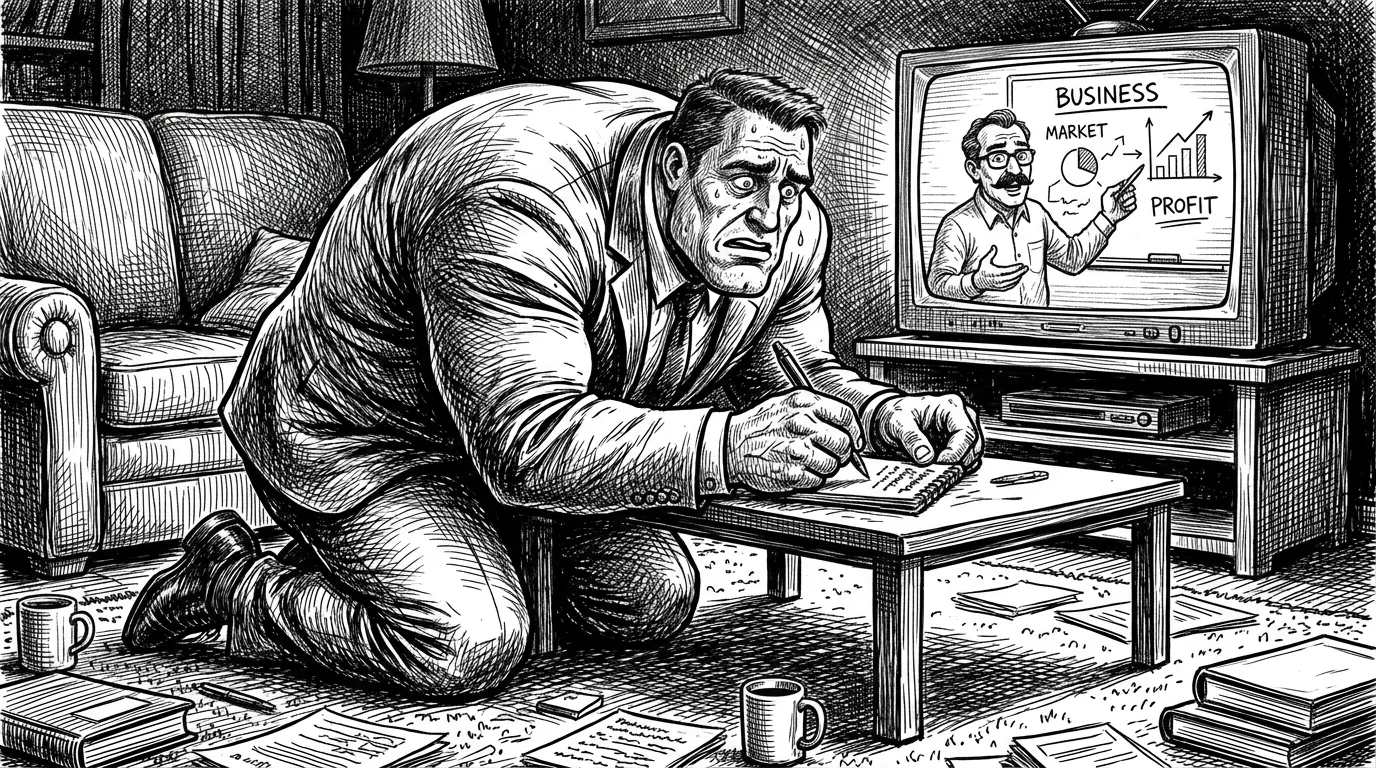 A man with mustache teaching about business in a television. There’s a big muscular man, with his face worried about what he’s learning and making notes about it. He’s also using a suite while in knees on the ground making these notes. This whole scene is a hand drawn drawing made with a black pen with emphasis on shadows. The image is full black and white.
