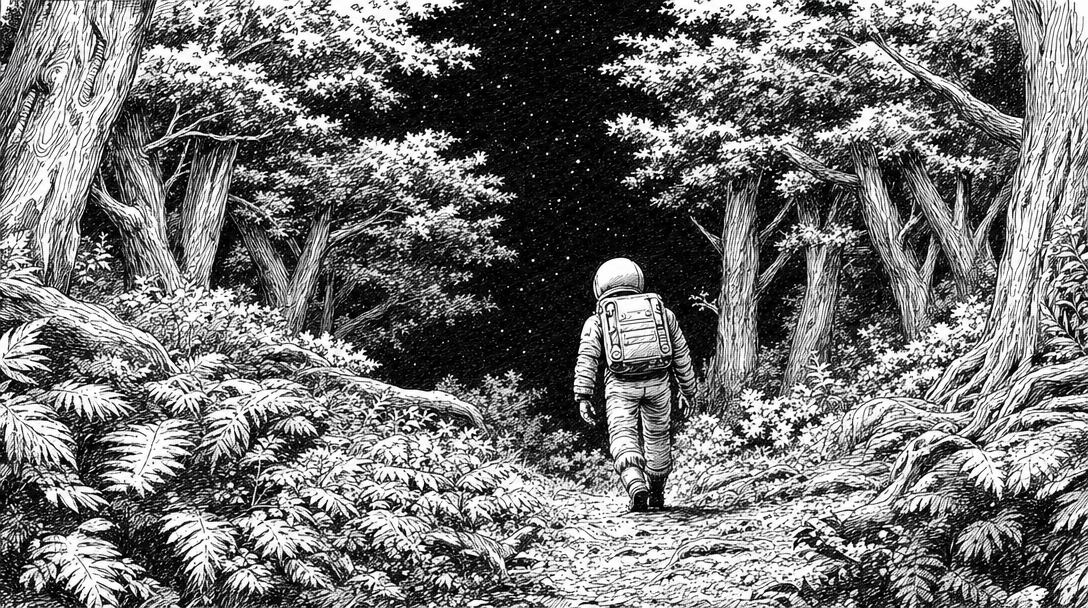 An astronaut lost in the forest drawn in black pen