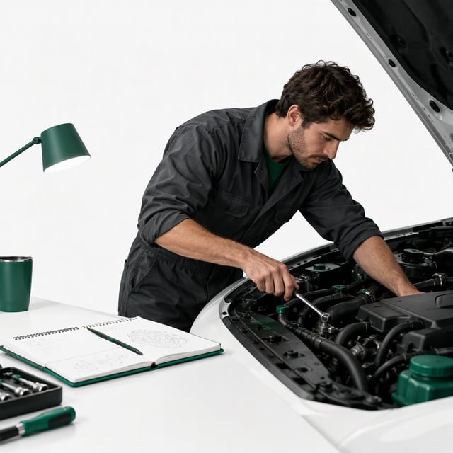 A man working late night in his cars engines, with a notebook open on the desk in his side