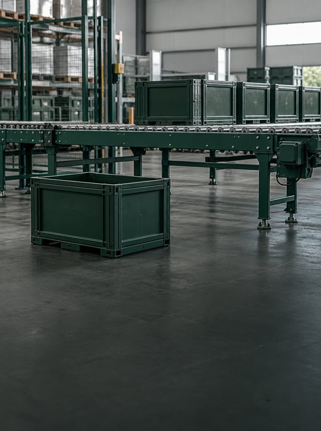 A stopped industrial conveyor in a warehouse, one open metal crate on the concrete floor and a row of closed crates behind it, no labels or readable marks, 35mm, eye level, wide shot, cool overhead industrial light, documentary photograph, 2020s, muted desaturated grade, lower part of the frame is calm, uncluttered dark space. Style: clean product photography, deep forest green and white palette, generous negative space, geometric sans-serif layout, soft daylight, sharp focus, editorial social mockup, calm precise mood. Photography: Fotografia de produto limpa, luz natural suave e paleta verde-floresta sobre branco.. Mood: clean, confident, green, editorial, modern, precise, calm, product-led. Palette: background Keep the lower half calm and uncluttered: a headline will be laid over it. No legible text anywhere in the image: no letters, words or numbers, no signs, shop or storefront names, menus, labels or packaging text, no logos, brand names or watermarks; any sign or screen is blank or out of focus.