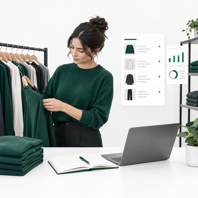 An image of a woman taking care of of the clothes in her store, behind an open notebook