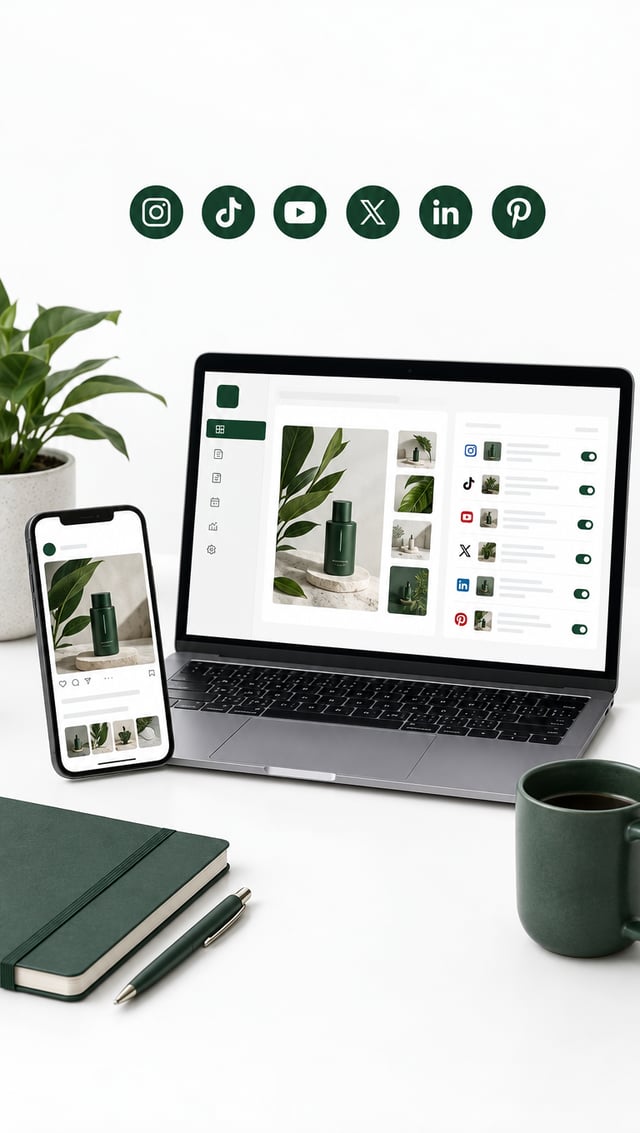 Square Instagram post photograph for a brand: Brand-aware AI studio for posts, media, and scheduling across six social networks.. The post is about Brand-aware AI studio: Establish LookMyBio as the authority on AI content that starts from a real brand, not a blank pro. Style: Clean white background, charcoal and deep forest-green accents, geometric sans-serif, crisp product UI, generous negative space, soft even light, modern editorial, no logos or text.. Photography: Crisp product and. No text, no lettering, no logos, no watermarks.