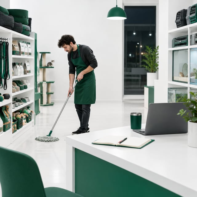 The owner of a petshop, tired working late at night cleaning his workplace with a notebook open at the desk