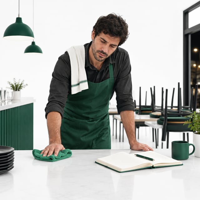 The owner of a restaurant, tired working late at night cleaning his restaurant with a notebook open at the desk