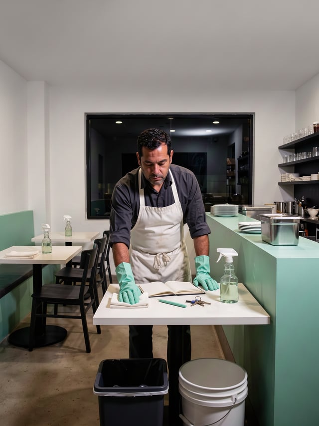 The owner of a restaurant, tired working late at night cleaning his restaurant with a notebook open at the desk
