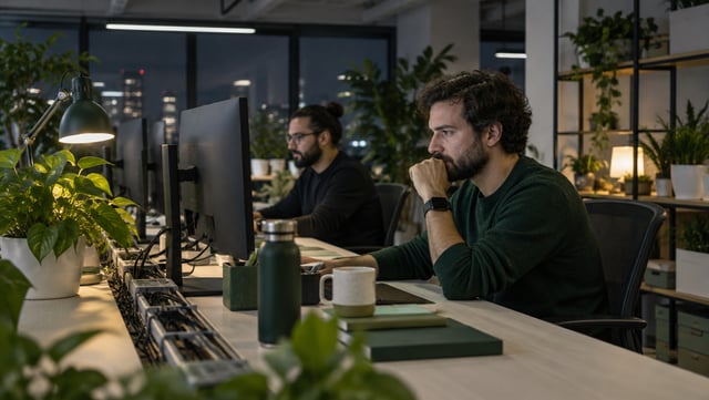 Two software engineers in their thirties at a long desk in a late-night office, monitors turned away so no screen content is visible, coffee cups and cable trays, 35mm, eye level, medium shot, cool overhead light mixed with a warm desk lamp, documentary photograph, natural skin texture, 2020s, slightly desaturated. Style: clean product photography, deep forest green and white palette, generous negative space, geometric sans-serif layout, soft daylight, sharp focus, editorial social mockup, calm precise mood. Photography: Fotografia de produto limpa, luz natural suave e paleta verde-floresta sobre branco.. Mood: clean, confident, green, editorial, modern, precise, calm, product-led. Palette: background A documentary photograph that fills a wide 16:10 frame edge to edge, no borders. No legible text anywhere in the image: no letters, words or numbers, no signs, shop or storefront names, menus, labels or packaging text, no logos, brand names or watermarks; any sign or screen is blank or out of focus.