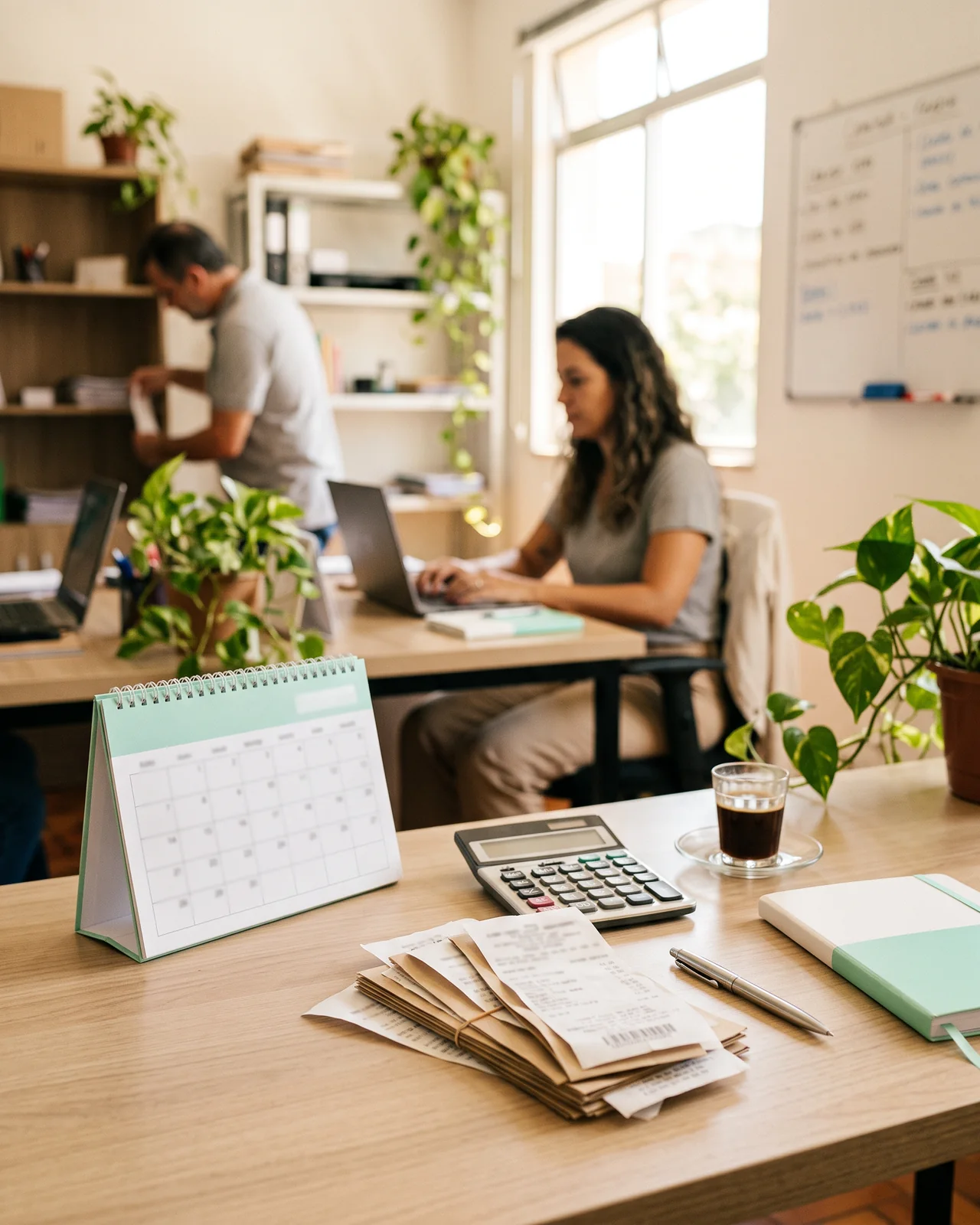 A desk calendar, a calculator and a stack of receipts on a light desk, made with AI