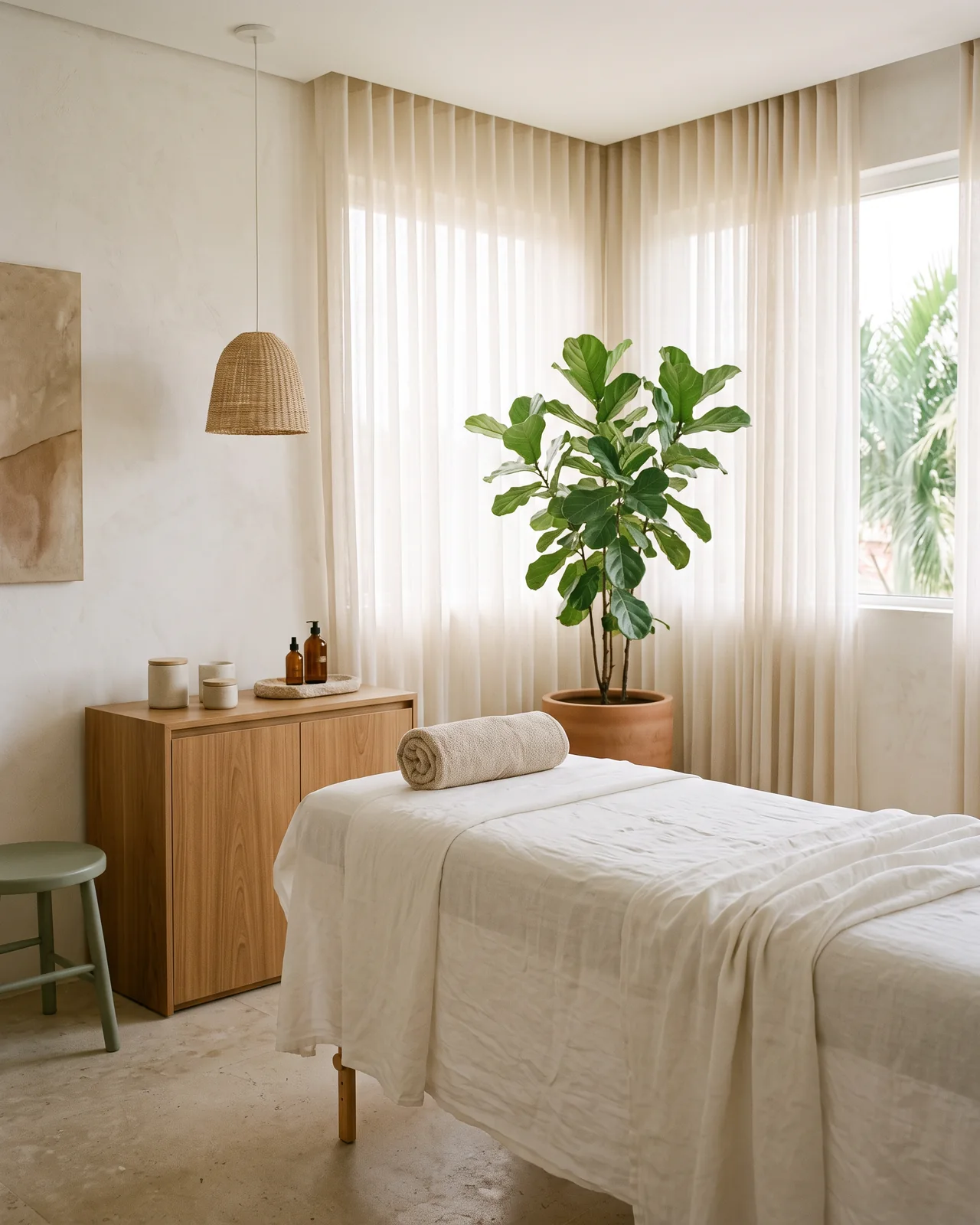 An empty bright treatment room with a padded bed under a white sheet, a rolled towel, a tall plant, a wooden cabinet and sheer curtains, made with AI
