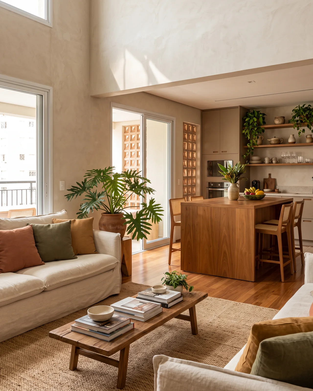 A finished living room with an open kitchen and a wooden island, made with AI