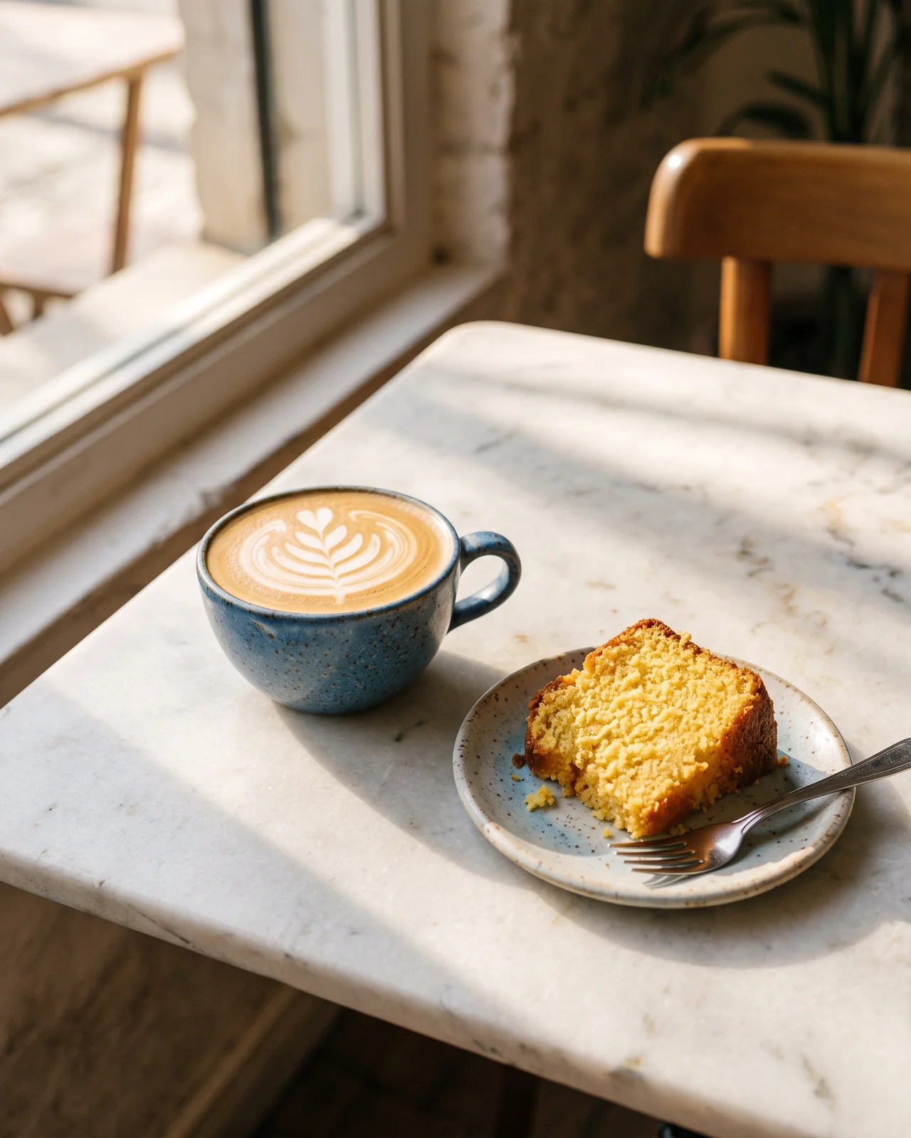A flat white with rosetta latte art in a speckled blue ceramic cup beside a slice of corn cake on a white marble table by a window, made with AI