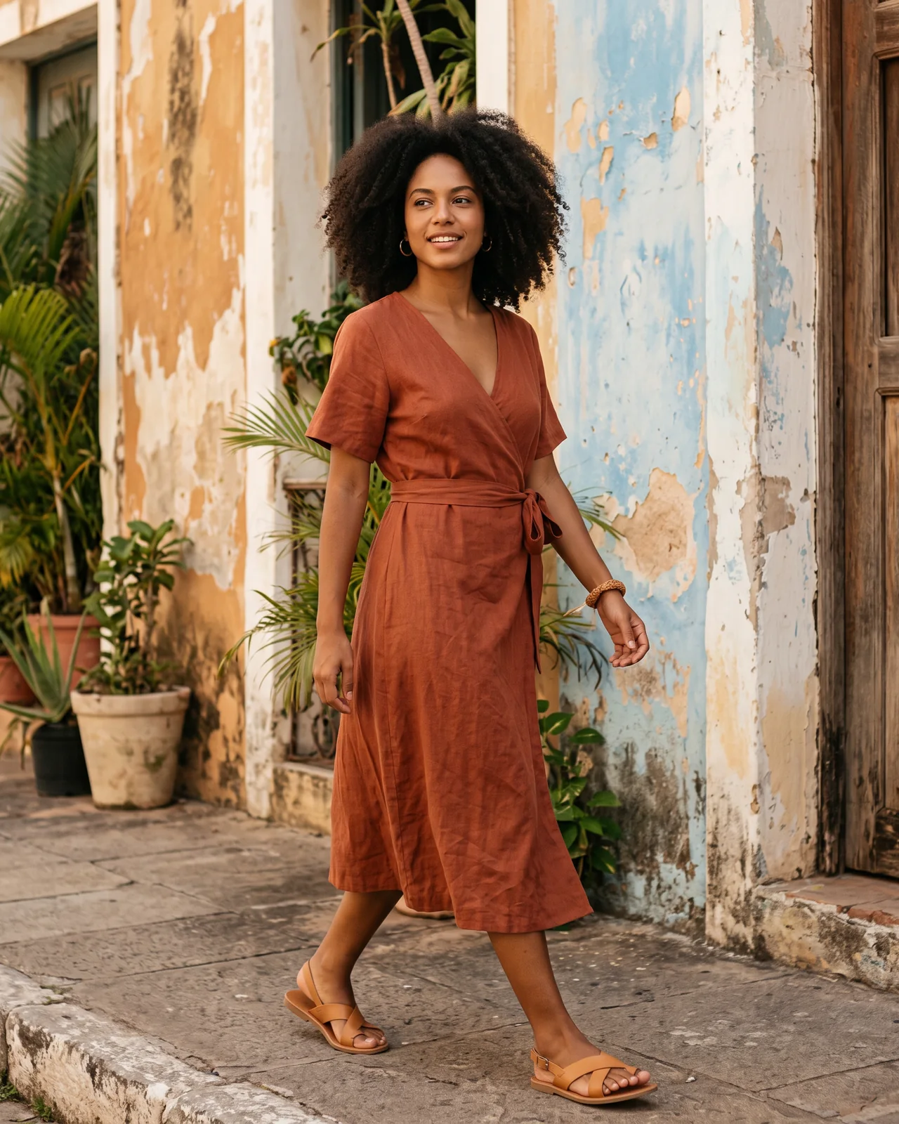 A young woman with curly hair in a rust linen wrap dress and flat leather sandals, walking past a colourful painted wall on a sunny street, made with AI
