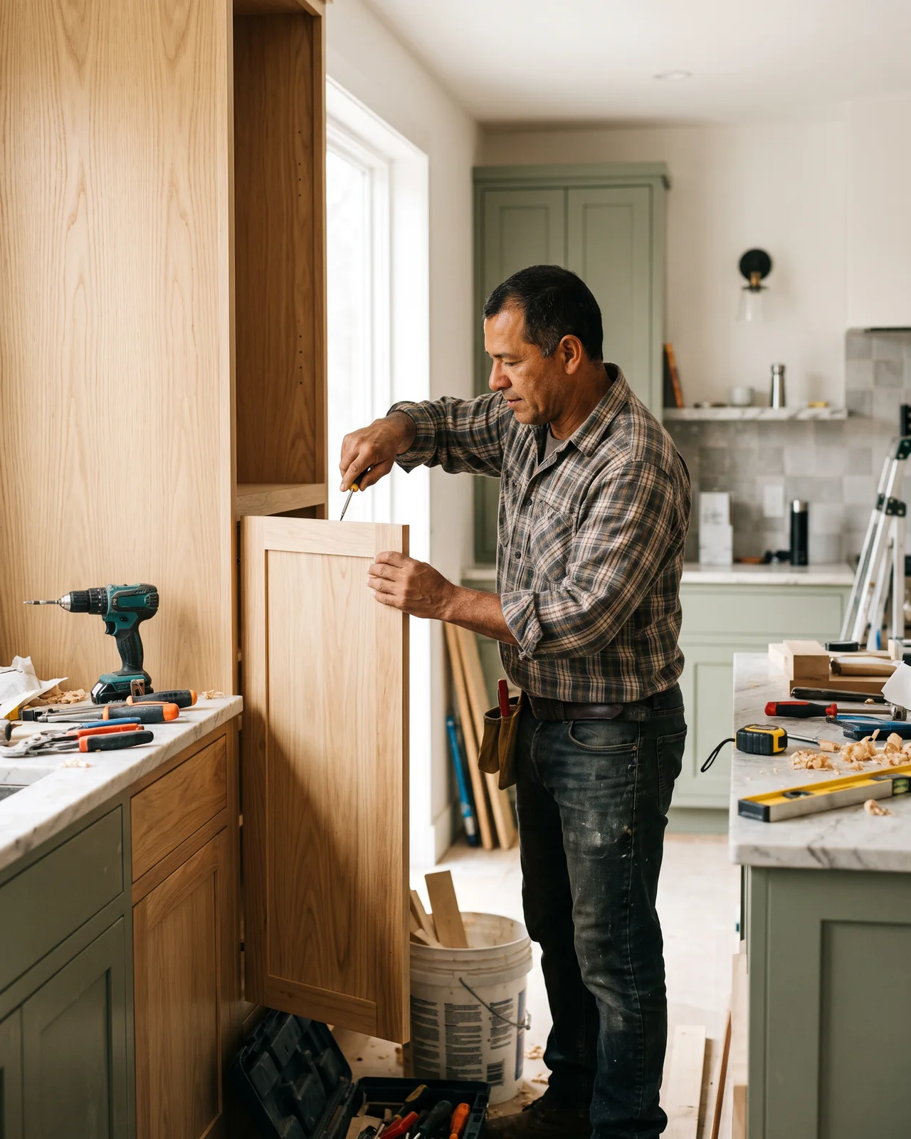 A carpenter fitting a cabinet door in a new wooden kitchen, made with AI