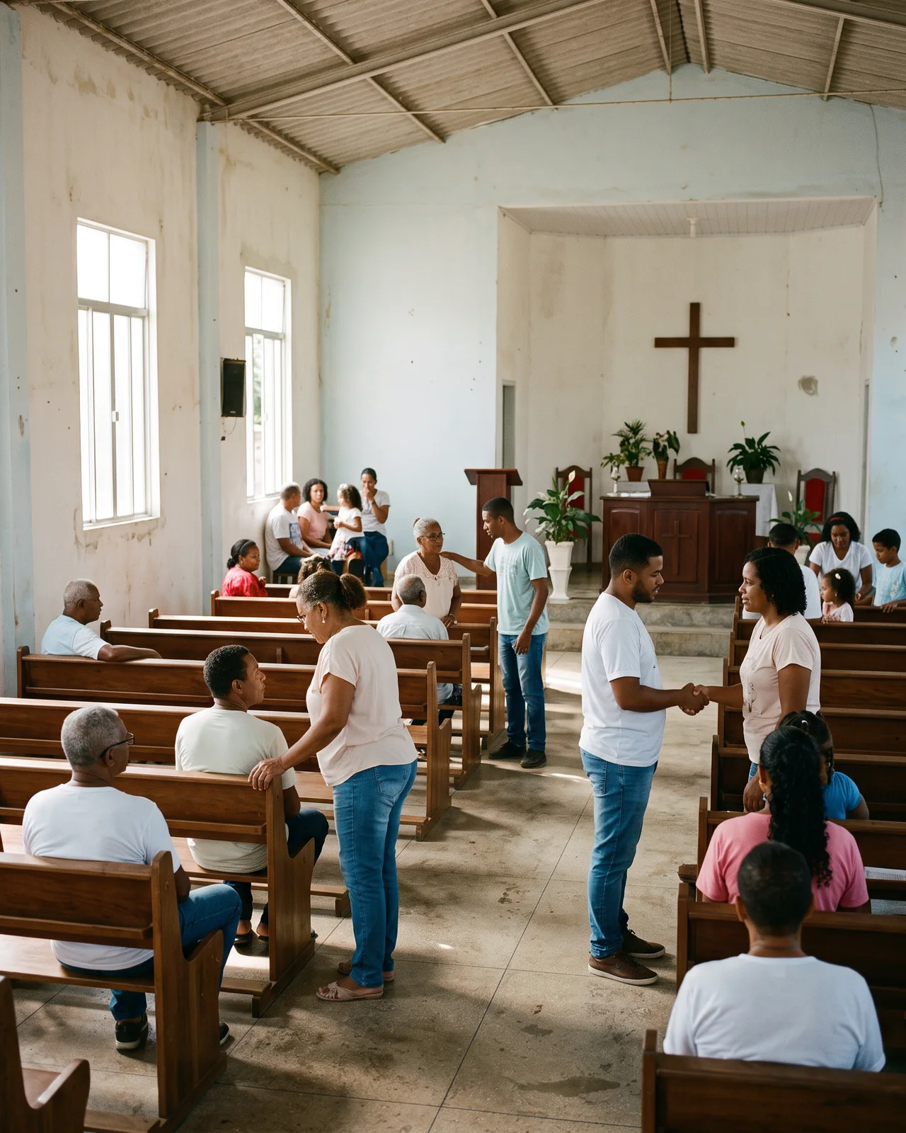 A simple church interior with wooden pews in morning light, made with AI