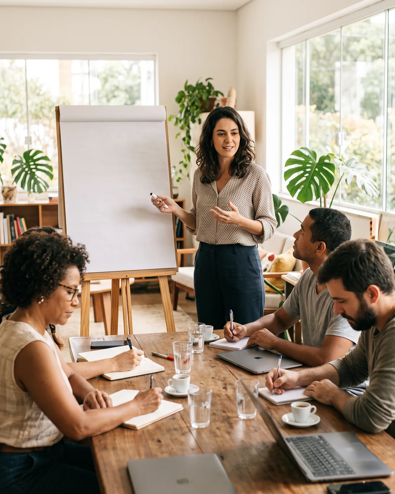 A consultant leading a small workshop beside a blank flipchart, made with AI