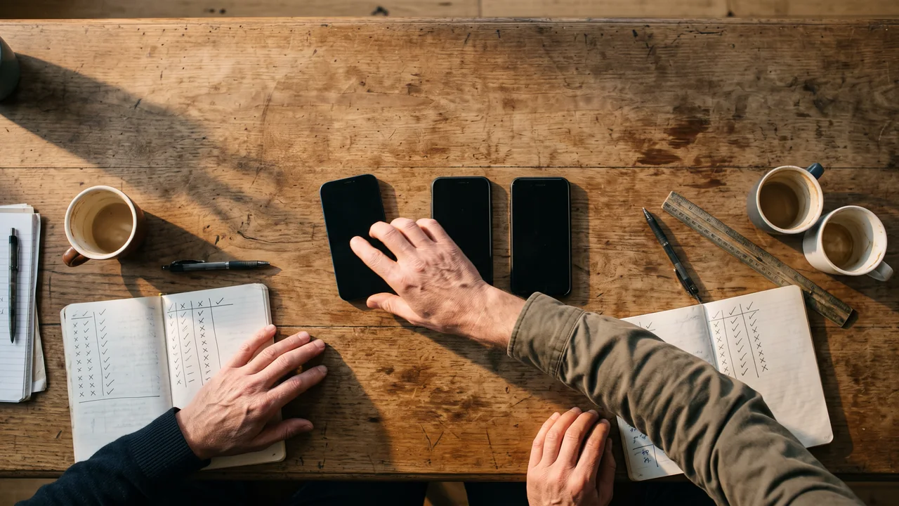 Two people at a wooden table comparing three phones laid face down beside notebooks of hand-drawn columns, a ruler and coffee cups
