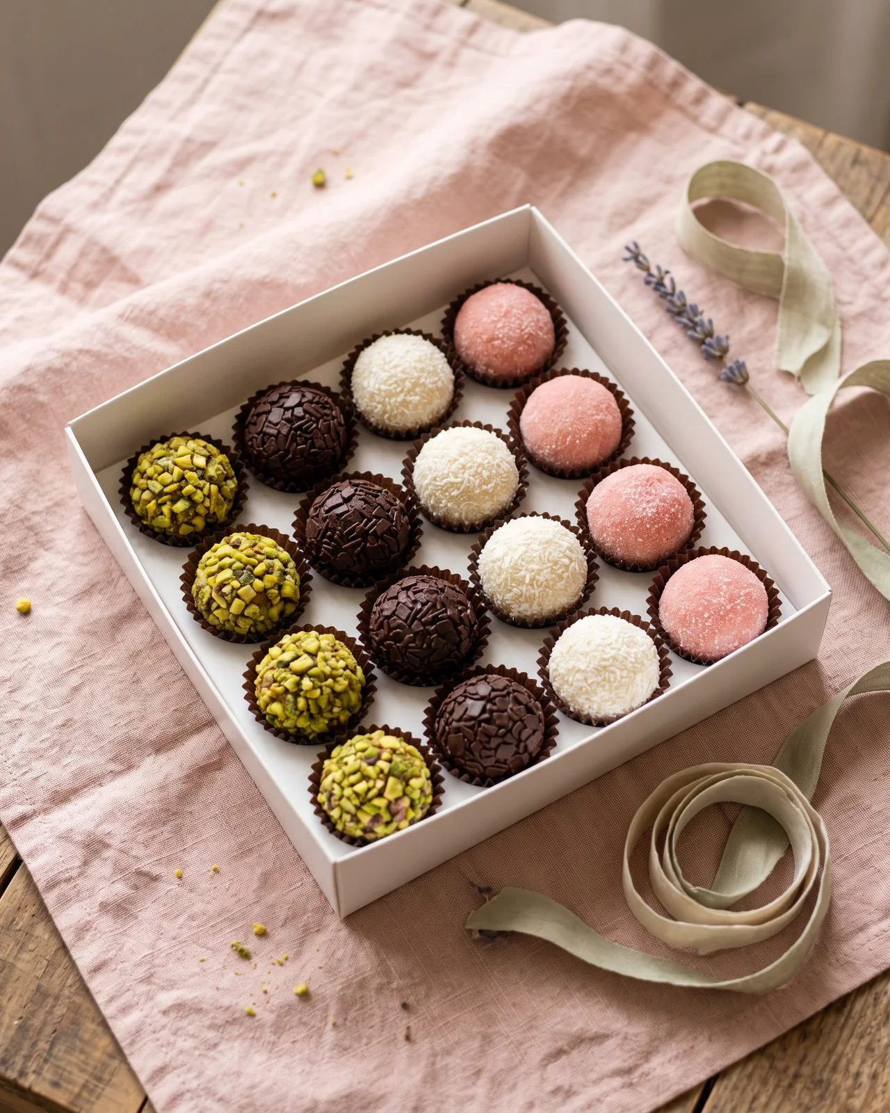 A white box of brigadeiros in brown paper cups on a pale pink linen cloth, seen from above, with a ribbon beside it, made with AI
