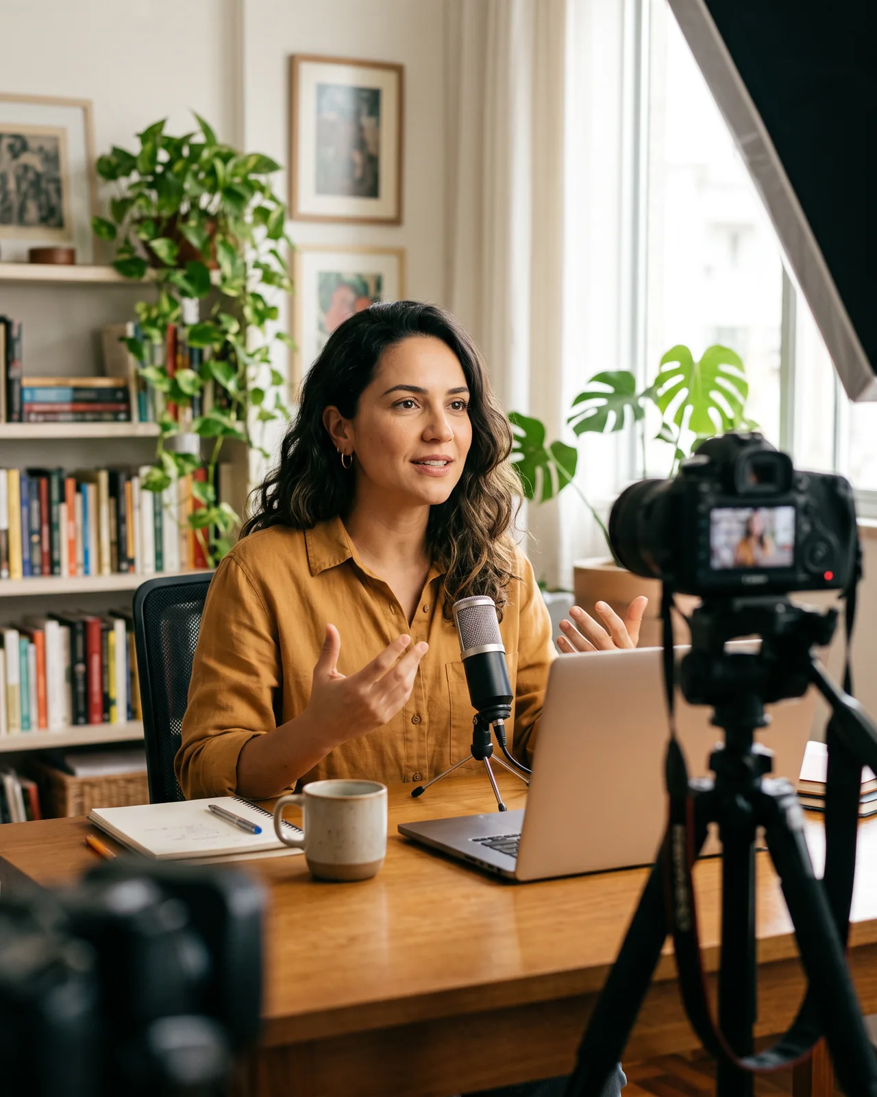 An online instructor recording a lesson at her home studio desk, made with AI