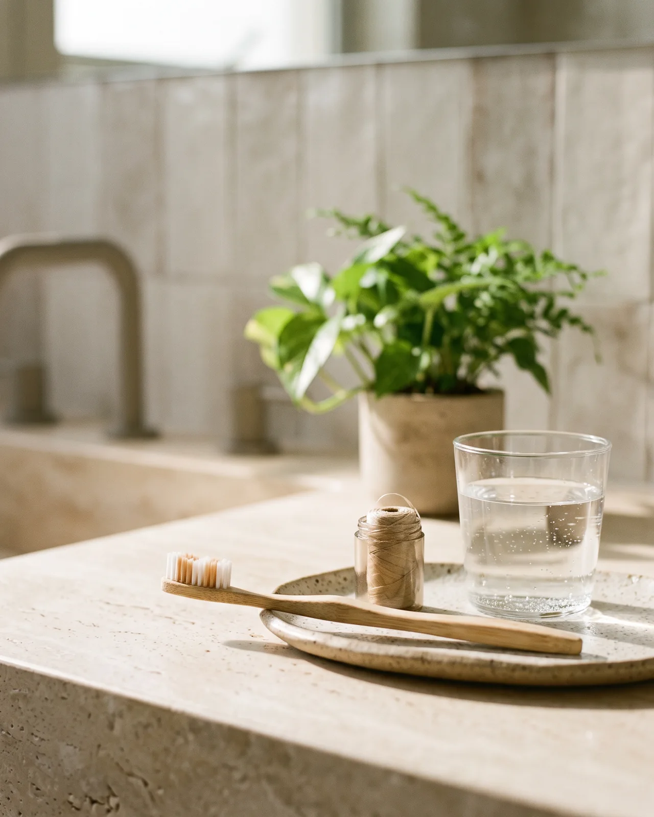 A bamboo toothbrush, dental floss and a glass of water on a pale counter, made with AI