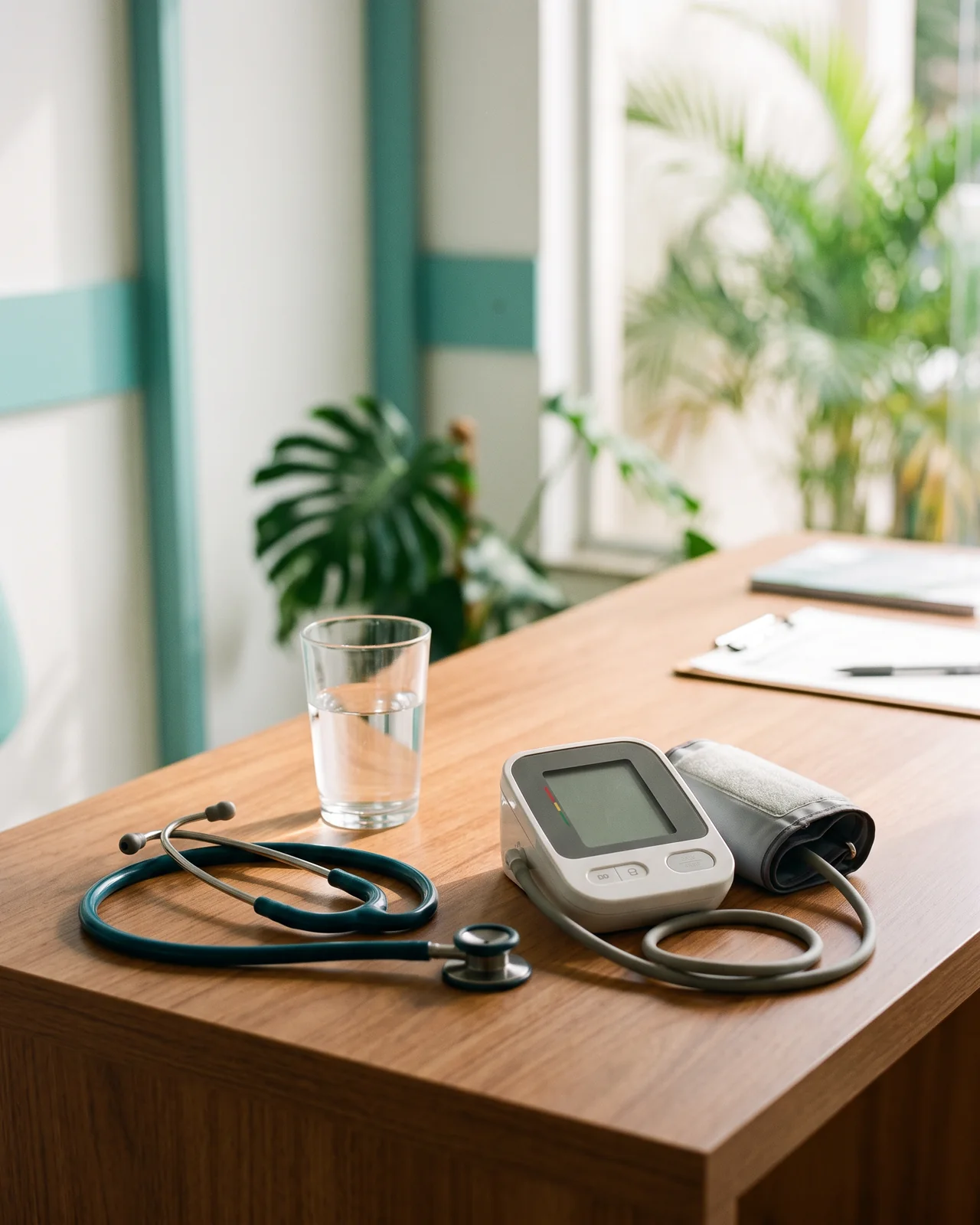 A stethoscope beside a blood pressure monitor and a glass of water, made with AI