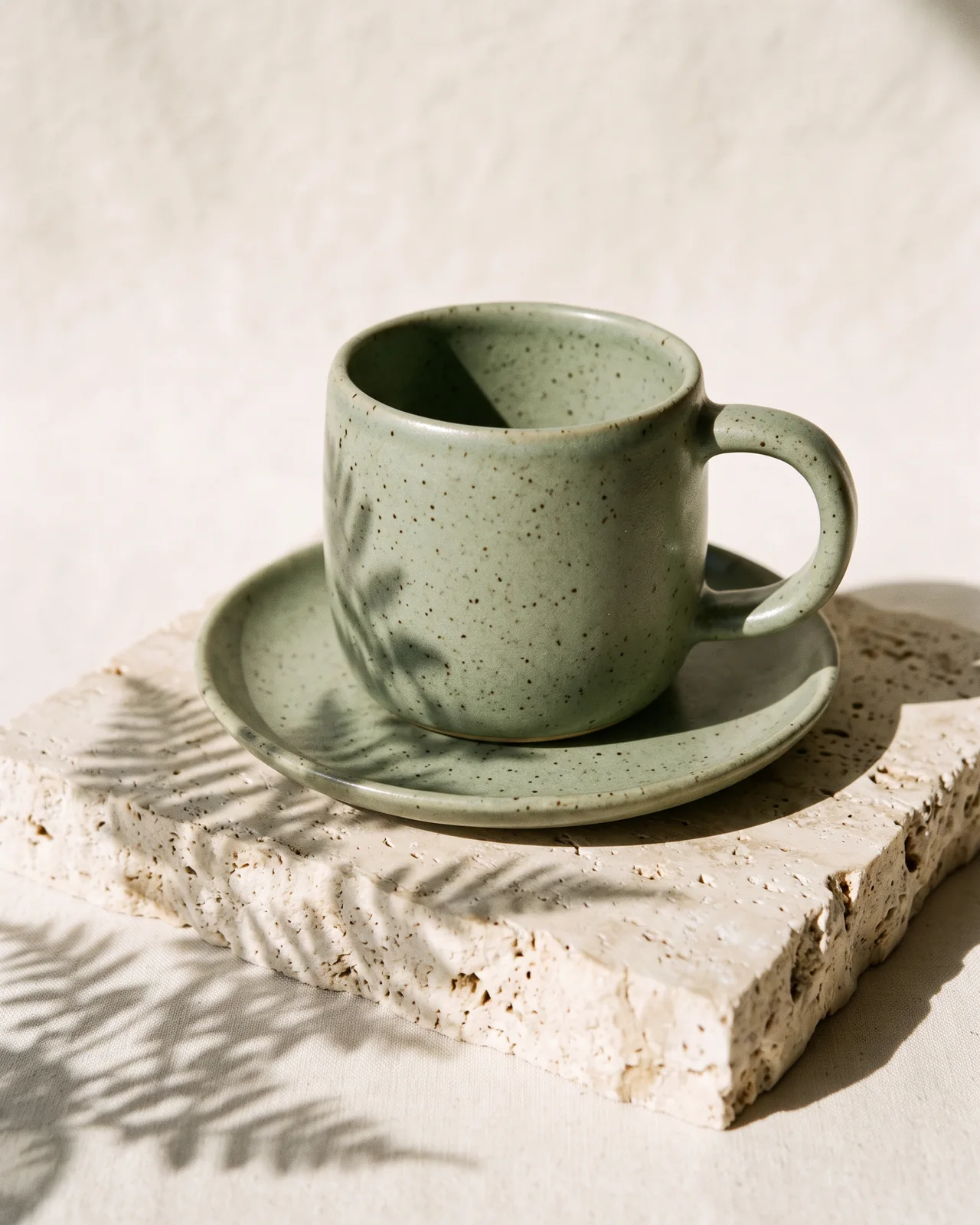 A handmade sage-green ceramic mug with a speckled glaze and its matching saucer on pale travertine in soft morning light, made with AI