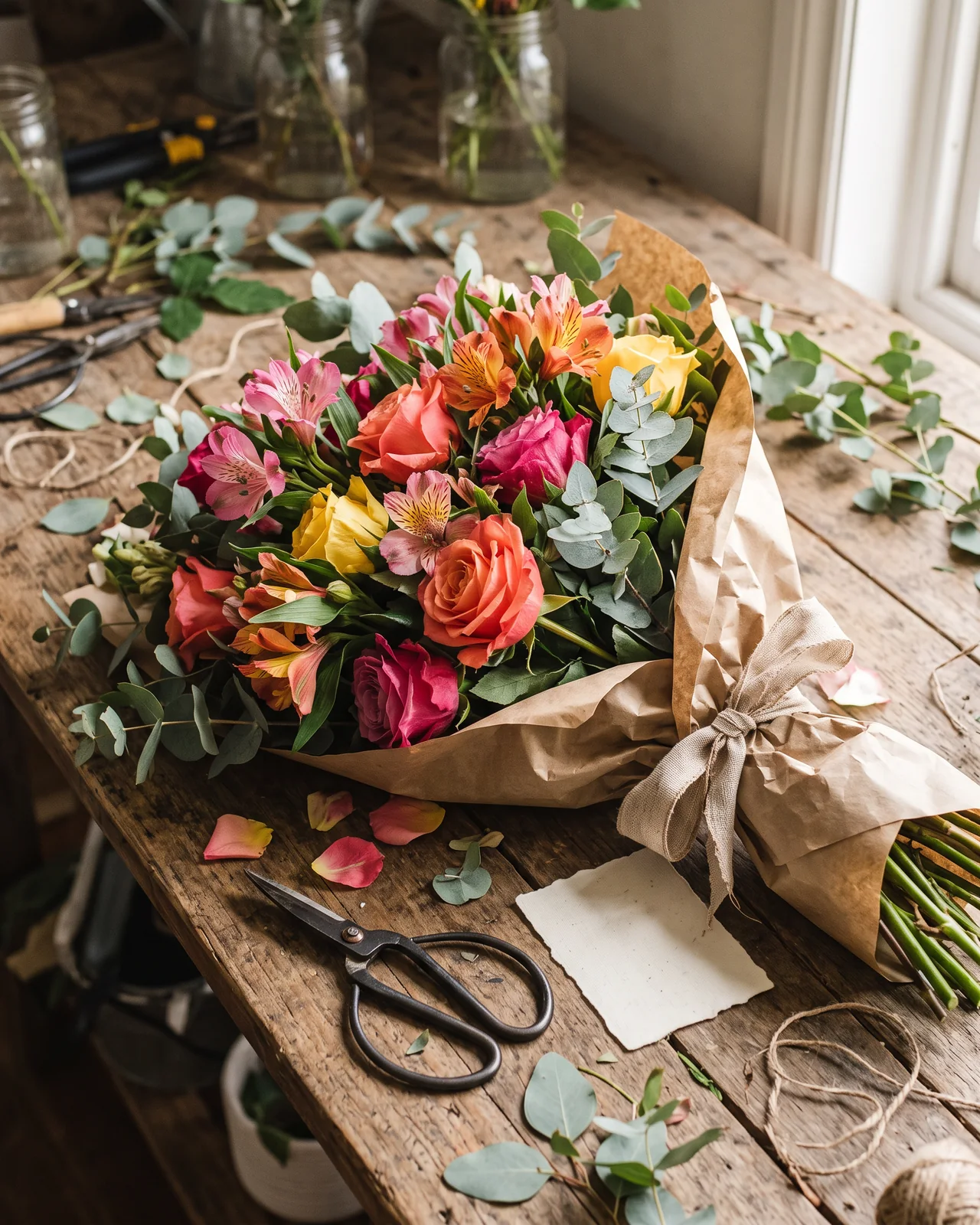 A hand-tied bouquet of colourful roses, alstroemerias and eucalyptus in kraft paper with a linen ribbon on a wooden workbench, a blank card beside it, made with AI