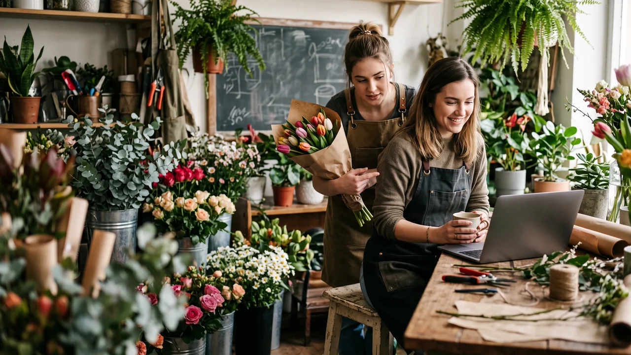 A florist at her shop counter smiling at a laptop with a coffee in hand while a colleague holding wrapped tulips looks over her shoulder