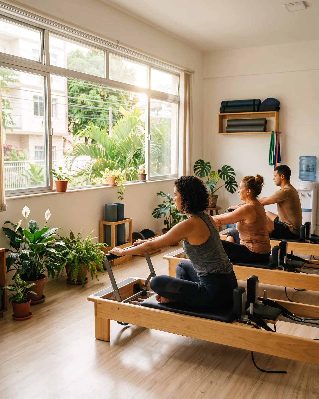 A pilates reformer class in a bright studio with pale wood floors, made with AI