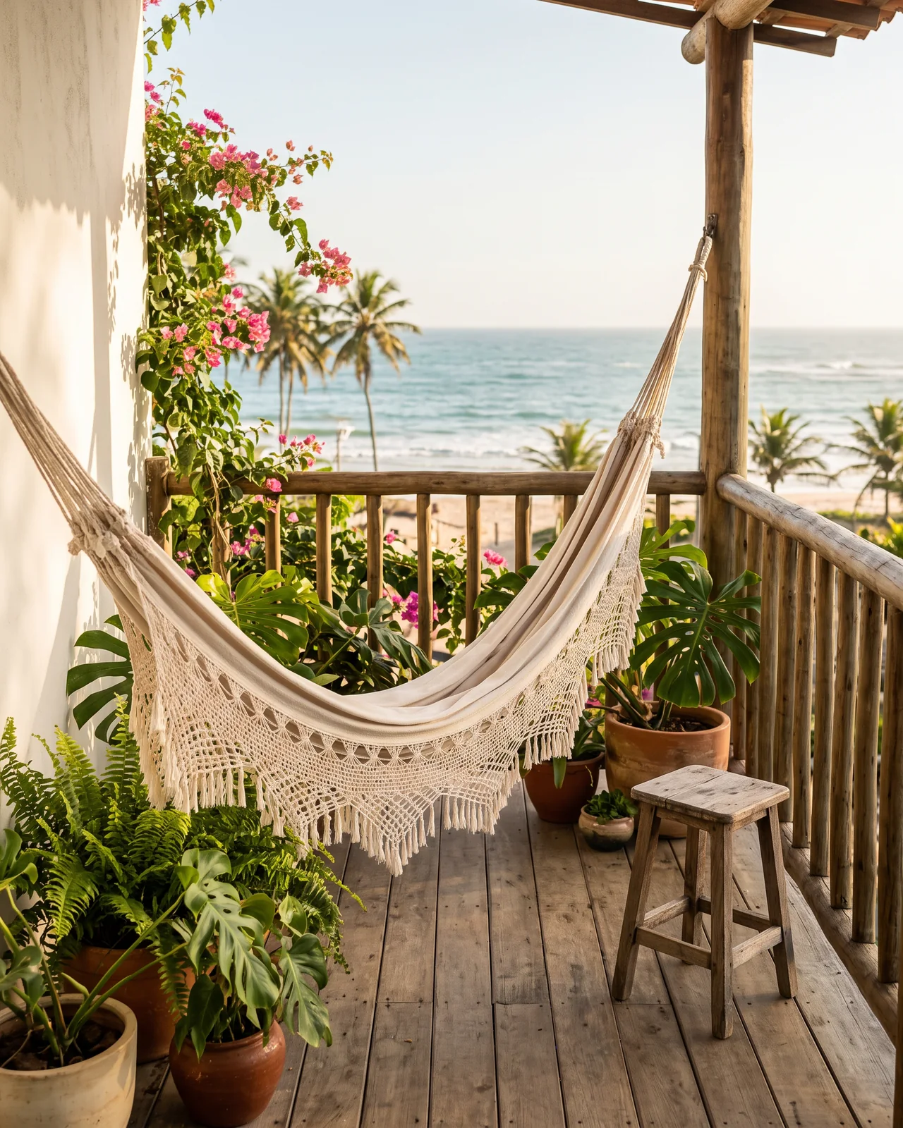 The balcony of a seaside inn with a hammock and an ocean view, made with AI