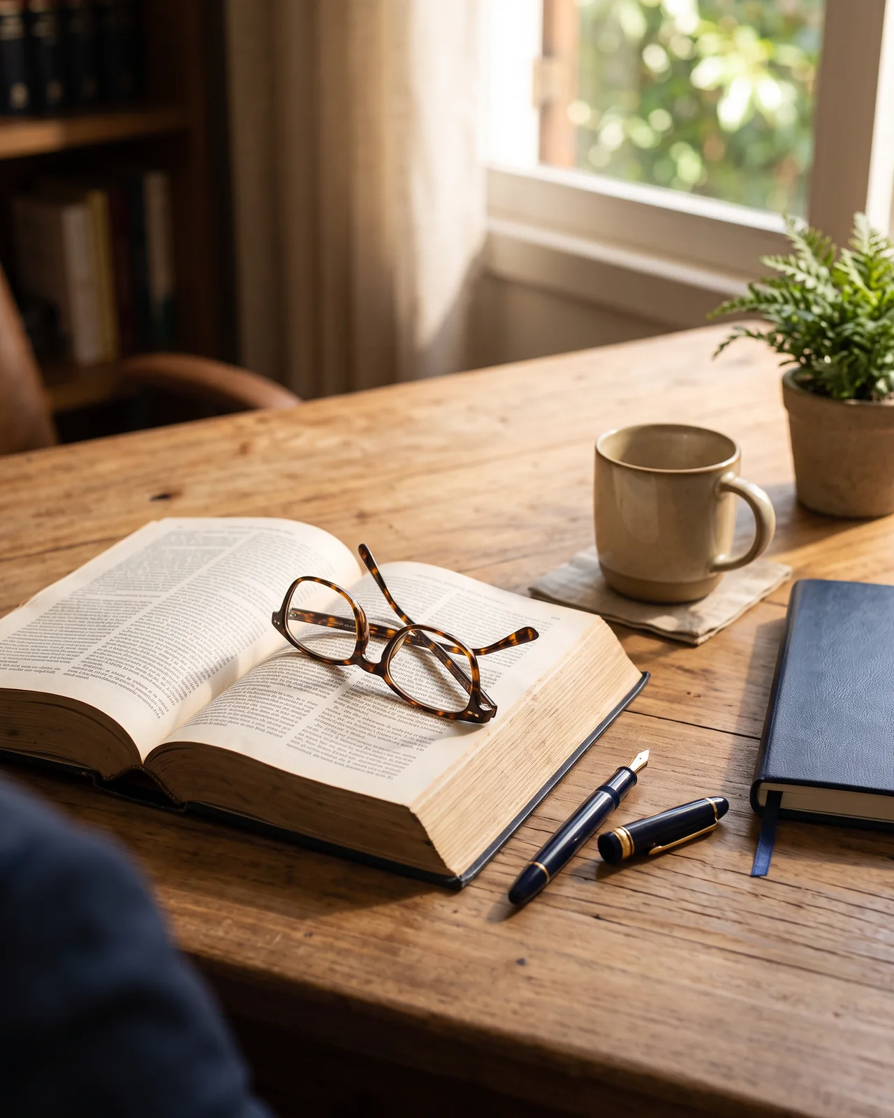 An open law book with reading glasses and a fountain pen on a wooden desk, made with AI