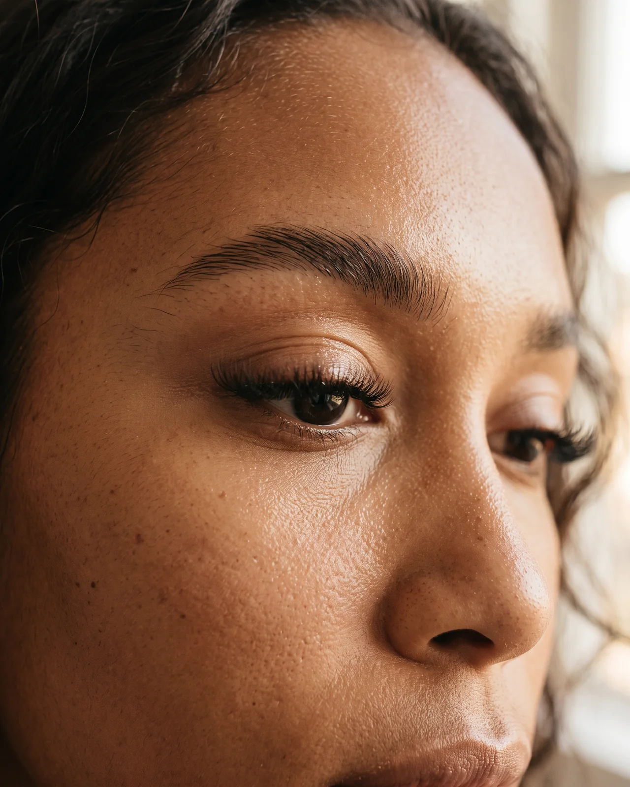 A close-up of a woman’s eye with soft natural volume lash extensions, groomed brows and glowing brown skin in warm window light, made with AI