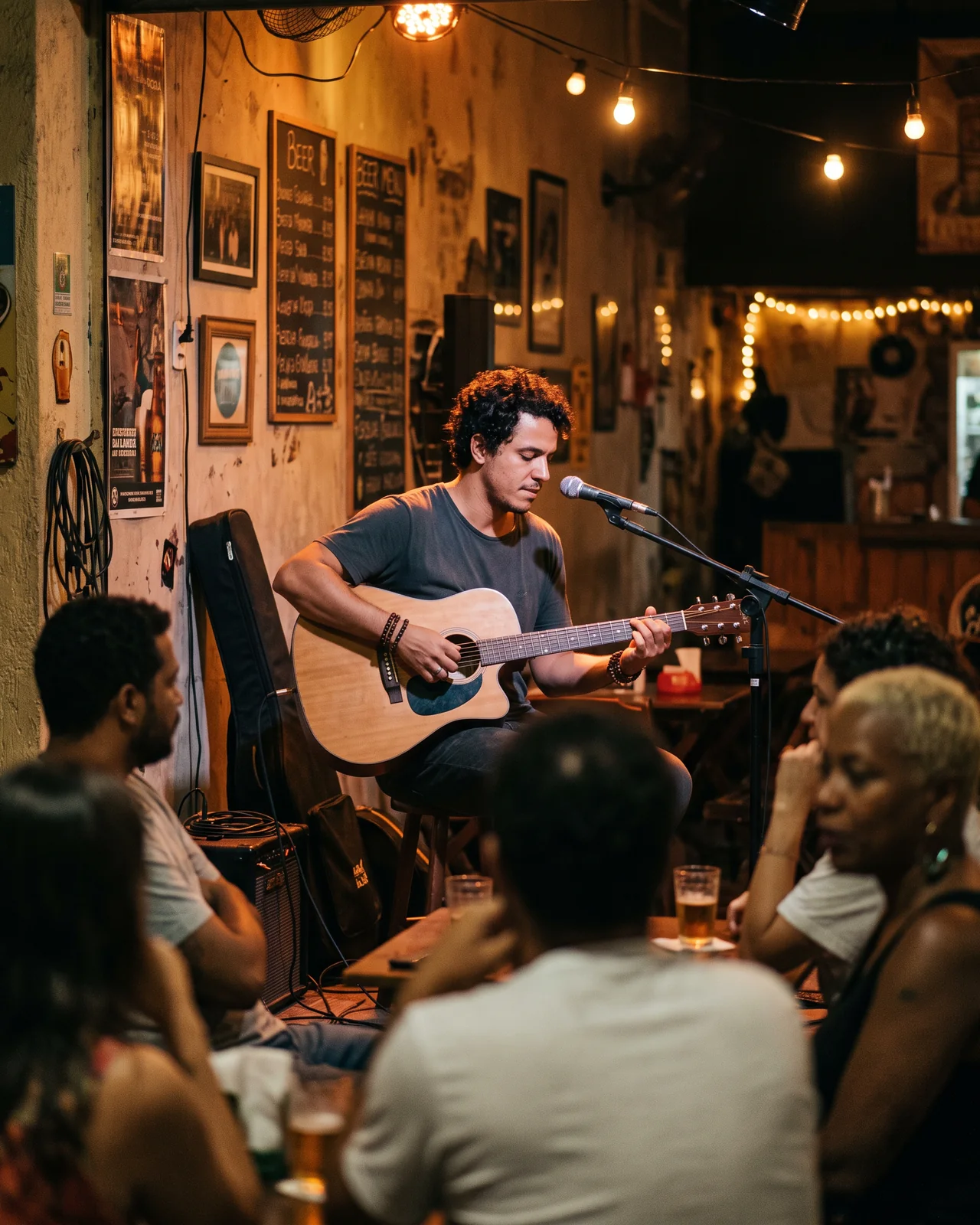 A singer-songwriter playing acoustic guitar on a small stage at night, made with AI