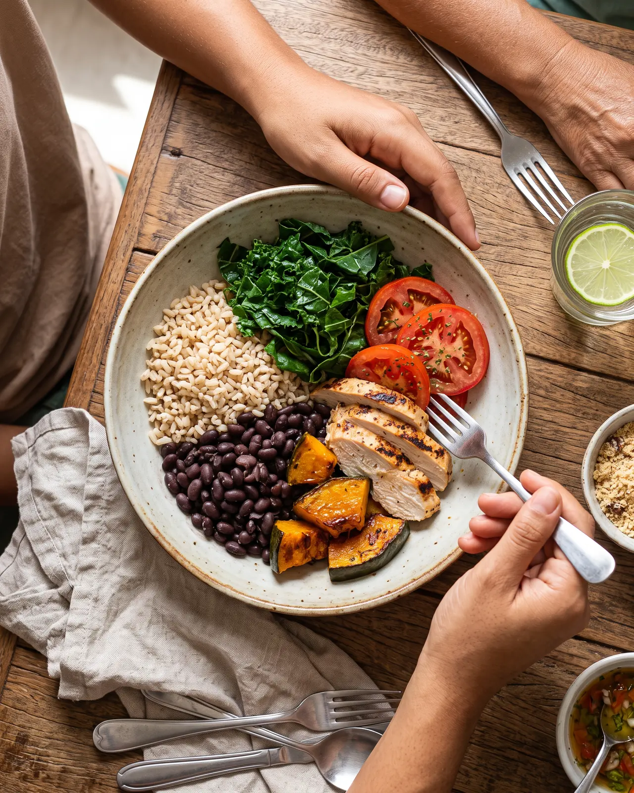 A colourful lunch bowl with rice, beans, grilled chicken, roasted pumpkin and fresh greens, made with AI