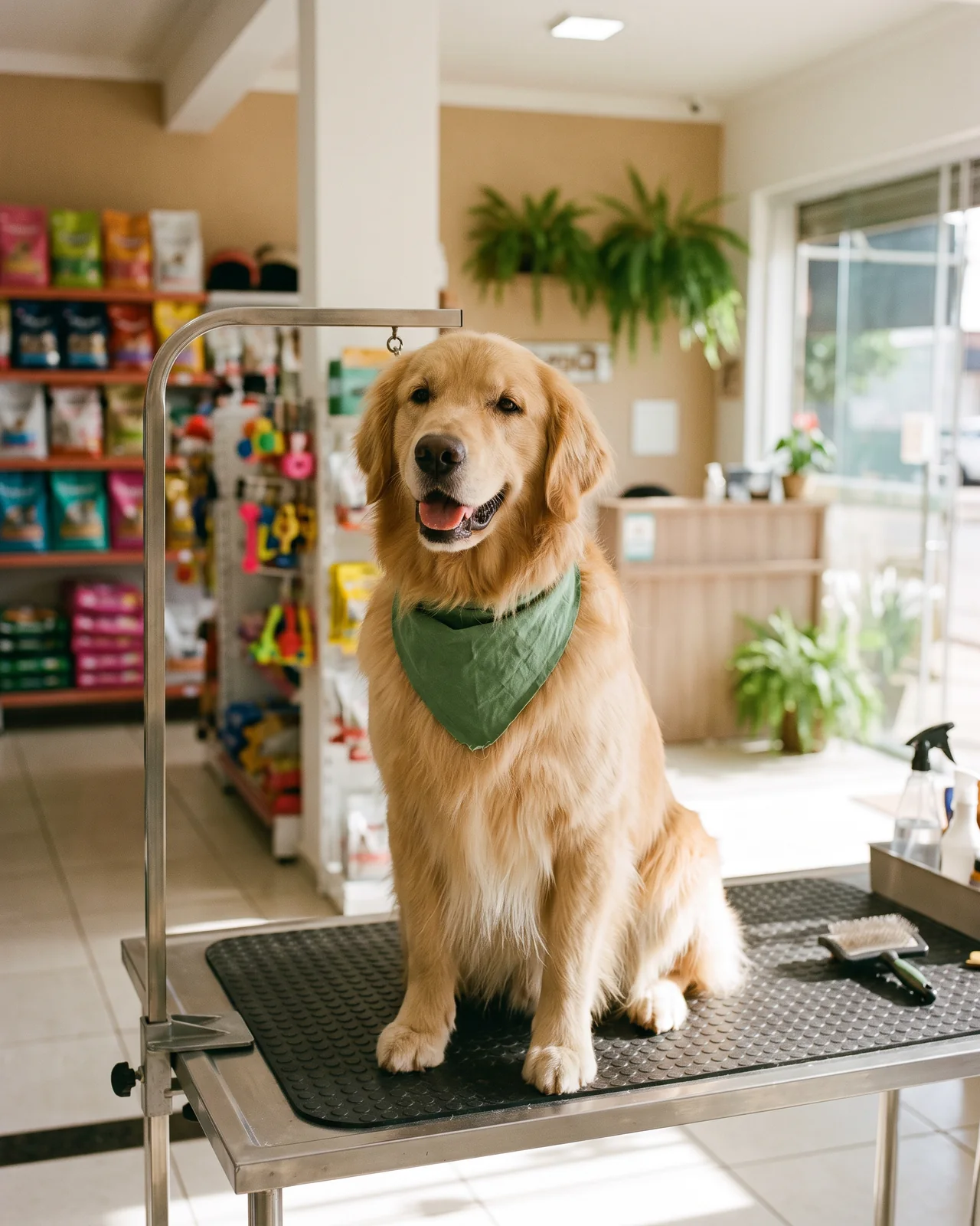 A golden retriever in a green bandana sitting on a stainless steel grooming table after a bath, with the shop counter blurred behind, made with AI
