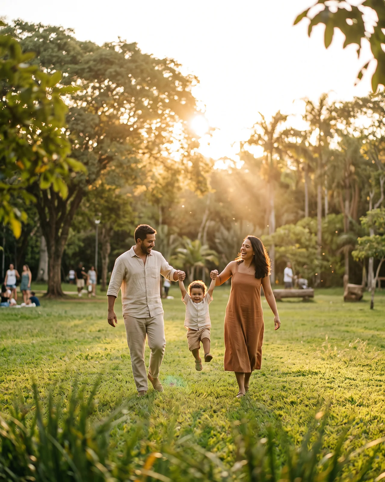 A family photo session at sunset in a park, made with AI