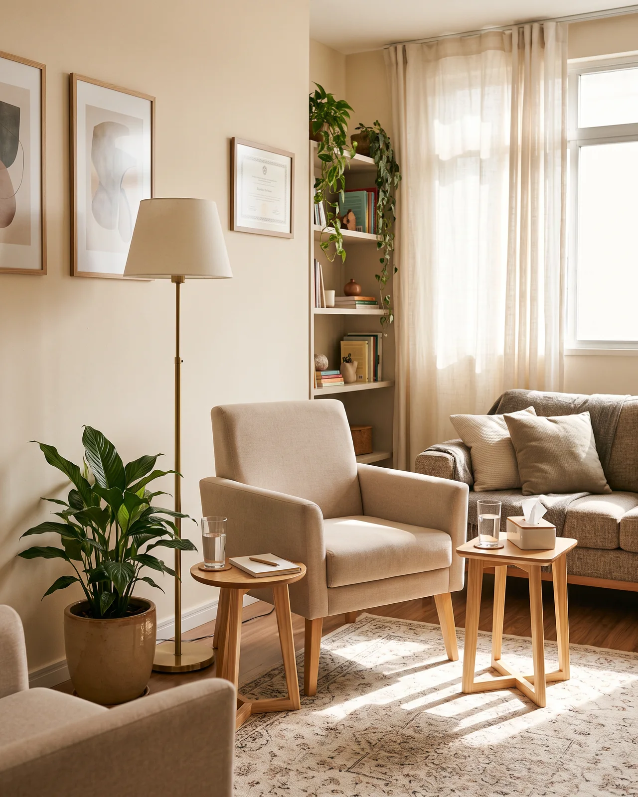 An empty therapy room with an armchair, a floor lamp and a plant in morning light, made with AI