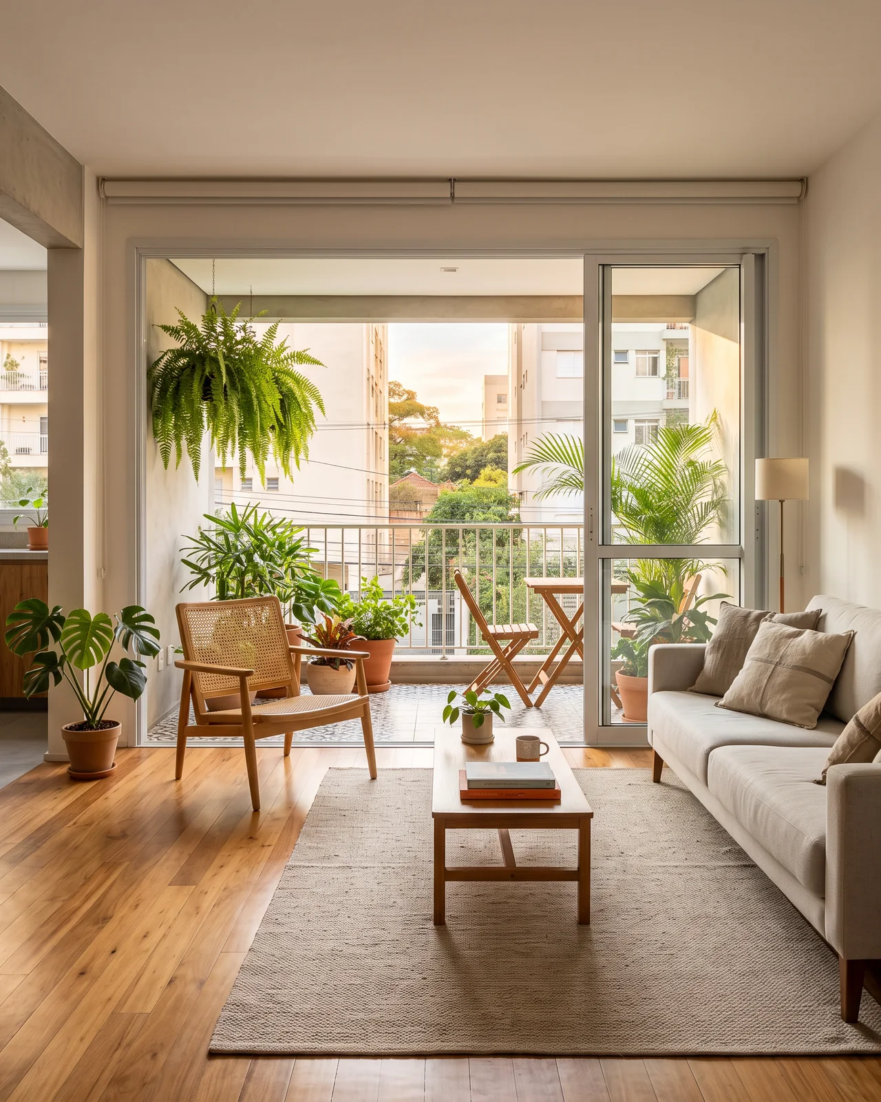A bright apartment living room opening onto a balcony with plants, made with AI