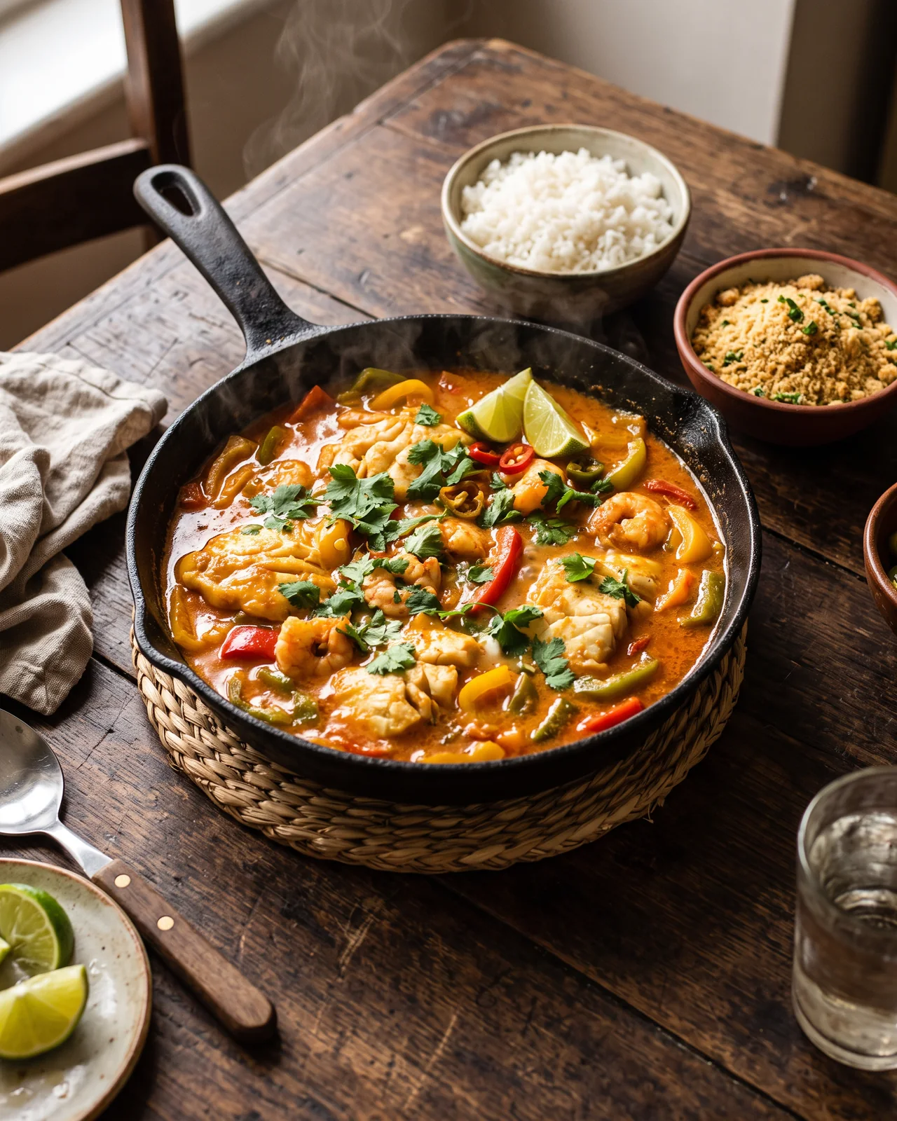 A cast-iron pan of fish moqueca in coconut broth with sliced peppers, lime and coriander on a dark wooden table, rice and farofa beside it, steam rising, made with AI
