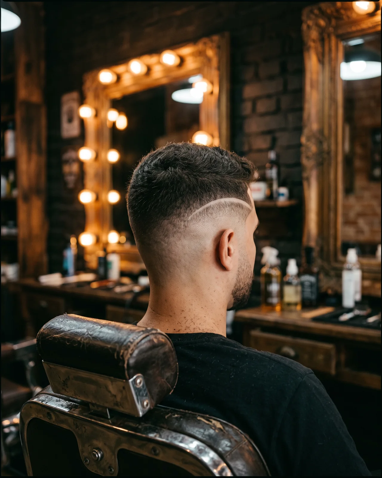 The back and side of a man’s head with a fresh skin fade and razor line, in a vintage leather barber chair with a bulb-lit mirror behind, made with AI