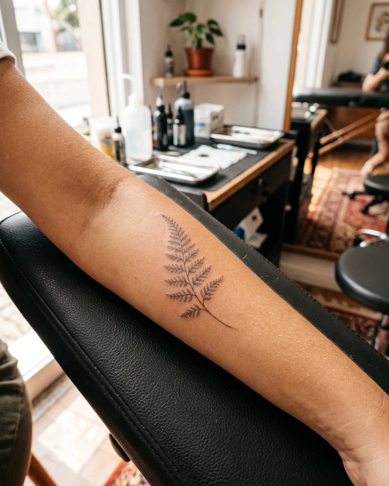 A forearm with a healed fineline fern tattoo resting on a black tattoo bed, made with AI